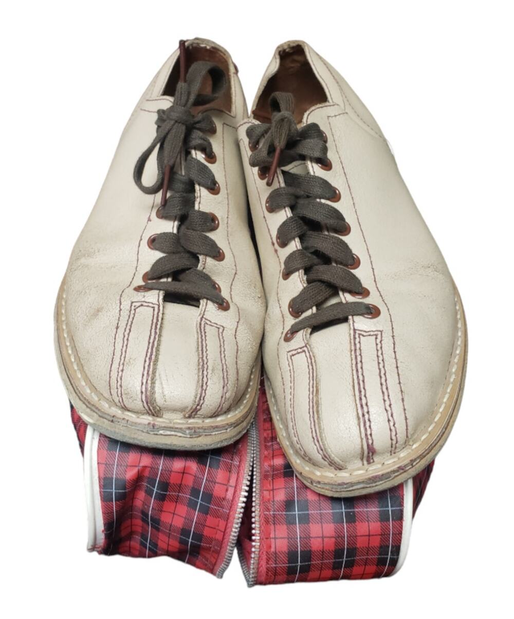 Vintage Brunswick Tan Leather Brown Grommets Split Toe Bowling Shoes Travel Bag